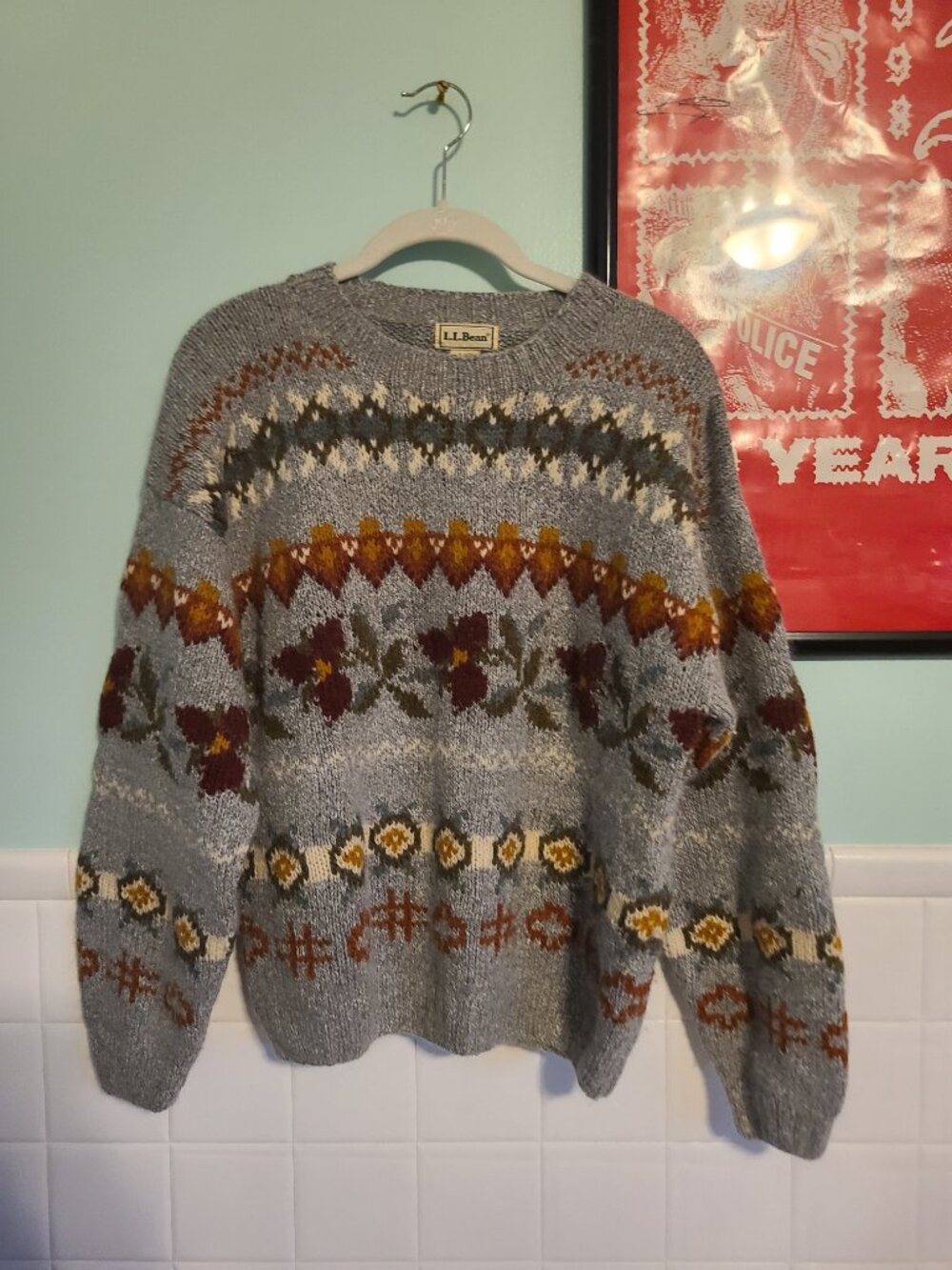 Vintage L. L. Bean Gray Coloful Fairy Isle Pullover Crew Neck Sweater Wool - Picture 7 of 11